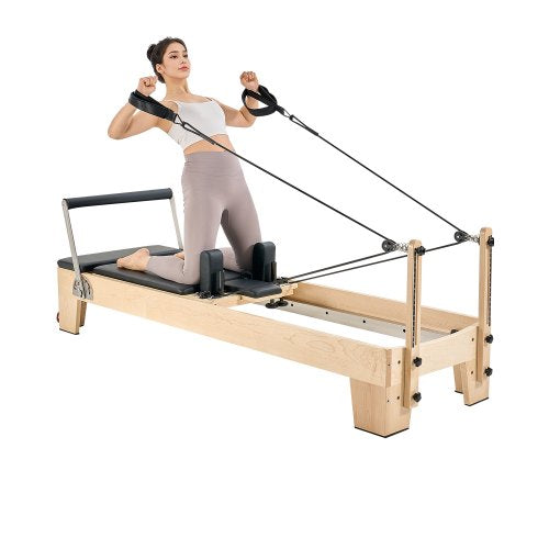 Pilates-Reformer-Maschine, Pilates-Trainingsgerät aus Holz für Heim- und Studiogebrauch, Pilates-Liege mit doppeltem Widerstand (Feder und Seil), Reformer-Set mit Sitzbox, bis zu 180 kg