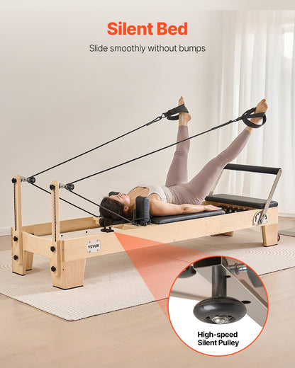 Pilates Reformer Machine, Wooden Pilates Workout Equipment for Home Gym Studio Use, Pilates Bed with Dual Resistance- Spring & Cord, Reformer Set with Sitting Box, Up to 400 LBS