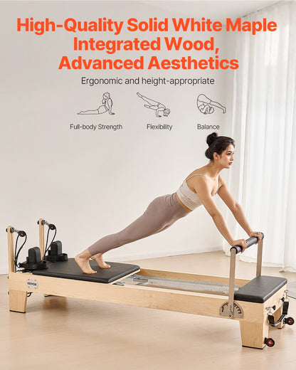 Pilates Reformer Machine, Wooden Pilates Workout Equipment for Home Gym Studio Use, Pilates Bed with Dual Resistance- Spring & Cord, Reformer Set with Sitting Box, Up to 400 LBS