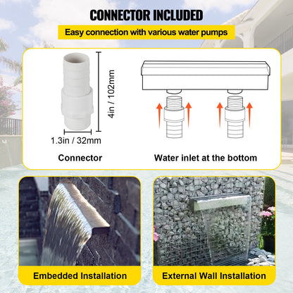 59.1" x 4.5" x 3.1" Stainless Steel Decorative Waterfall Pool Fountain For Garden Pond Indoors And Outdoors