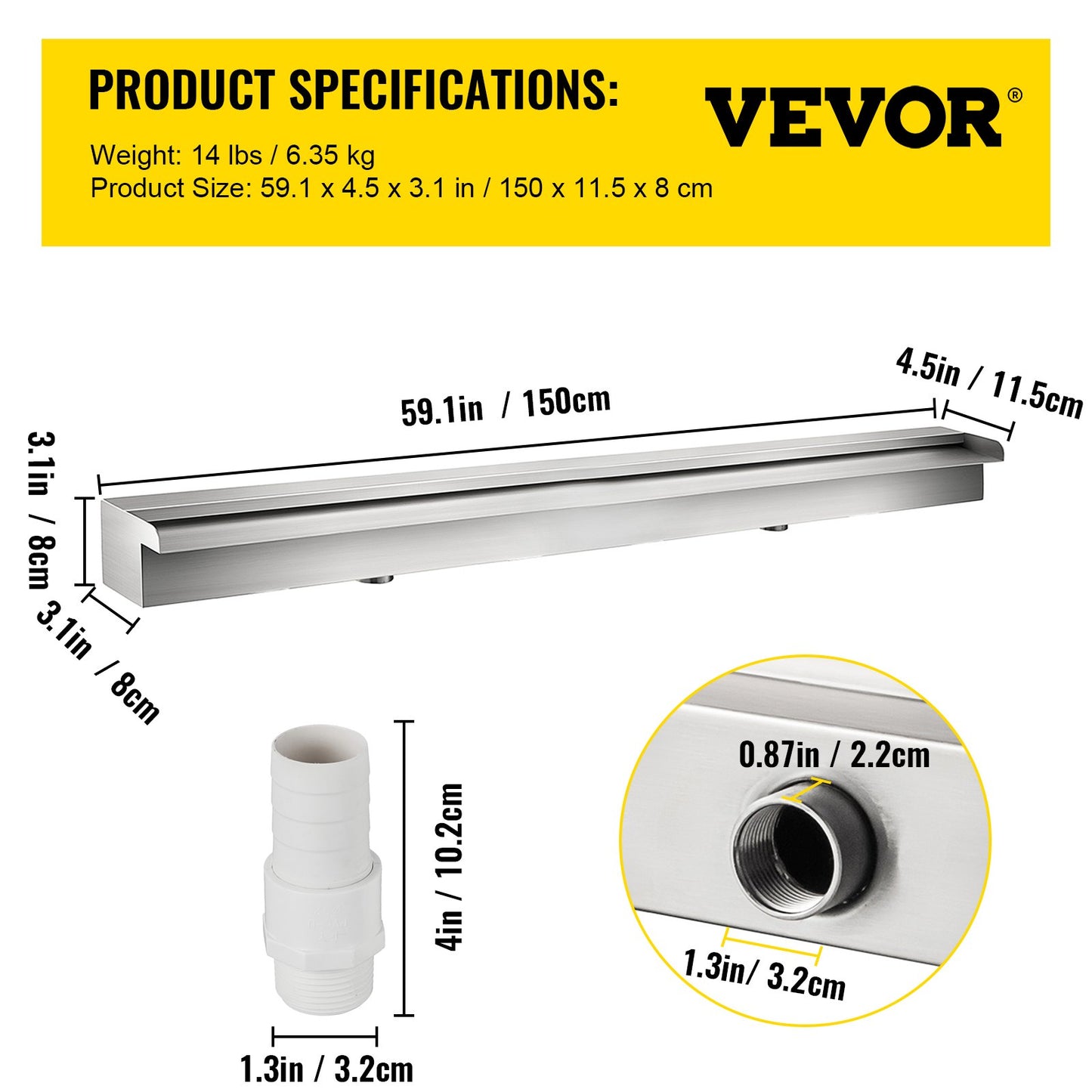 59.1" x 4.5" x 3.1" Stainless Steel Decorative Waterfall Pool Fountain For Garden Pond Indoors And Outdoors