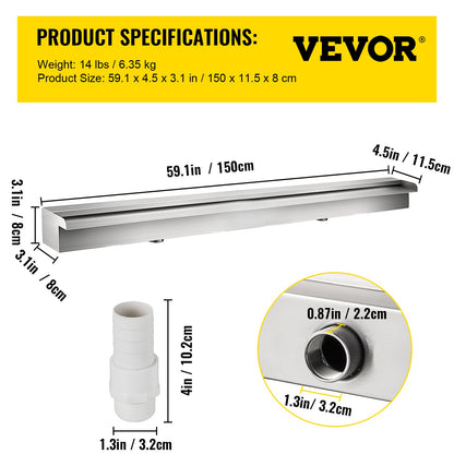 59.1" x 4.5" x 3.1" Stainless Steel Decorative Waterfall Pool Fountain For Garden Pond Indoors And Outdoors