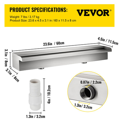 23.6" x 4.5" x 3.1" Stainless Steel Decorative Waterfall Pool Fountain For Garden Pond Indoors And Outdoors