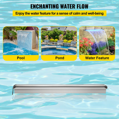 Swimming Pool Waterfall Spillway 151x11.5x8 cm Stainless Steel Swimming Pool Waterfall Fountain with Colorful LED Strip, Hose Connector, Remote Control, Corrosion Resistant for Pond, Outdoor Garden