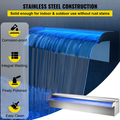 Swimming Pool Waterfall Spillway 30x11.5x8 cm Stainless Steel Swimming Pool Waterfall Fountain with Colorful LED Strip, Hose Connector, Remote Control, Corrosion Resistant for Pond, Outdoor Garden