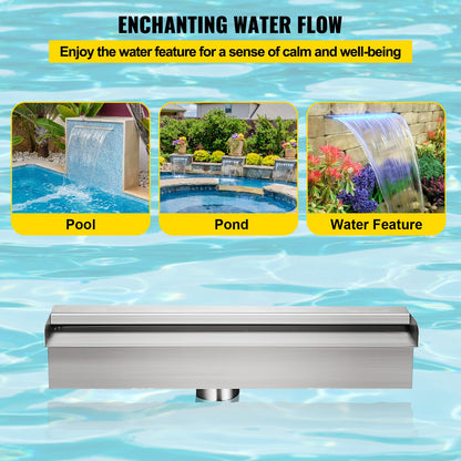 Swimming Pool Waterfall Spillway 30x11.5x8 cm Stainless Steel Swimming Pool Waterfall Fountain with Colorful LED Strip, Hose Connector, Remote Control, Corrosion Resistant for Pond, Outdoor Garden