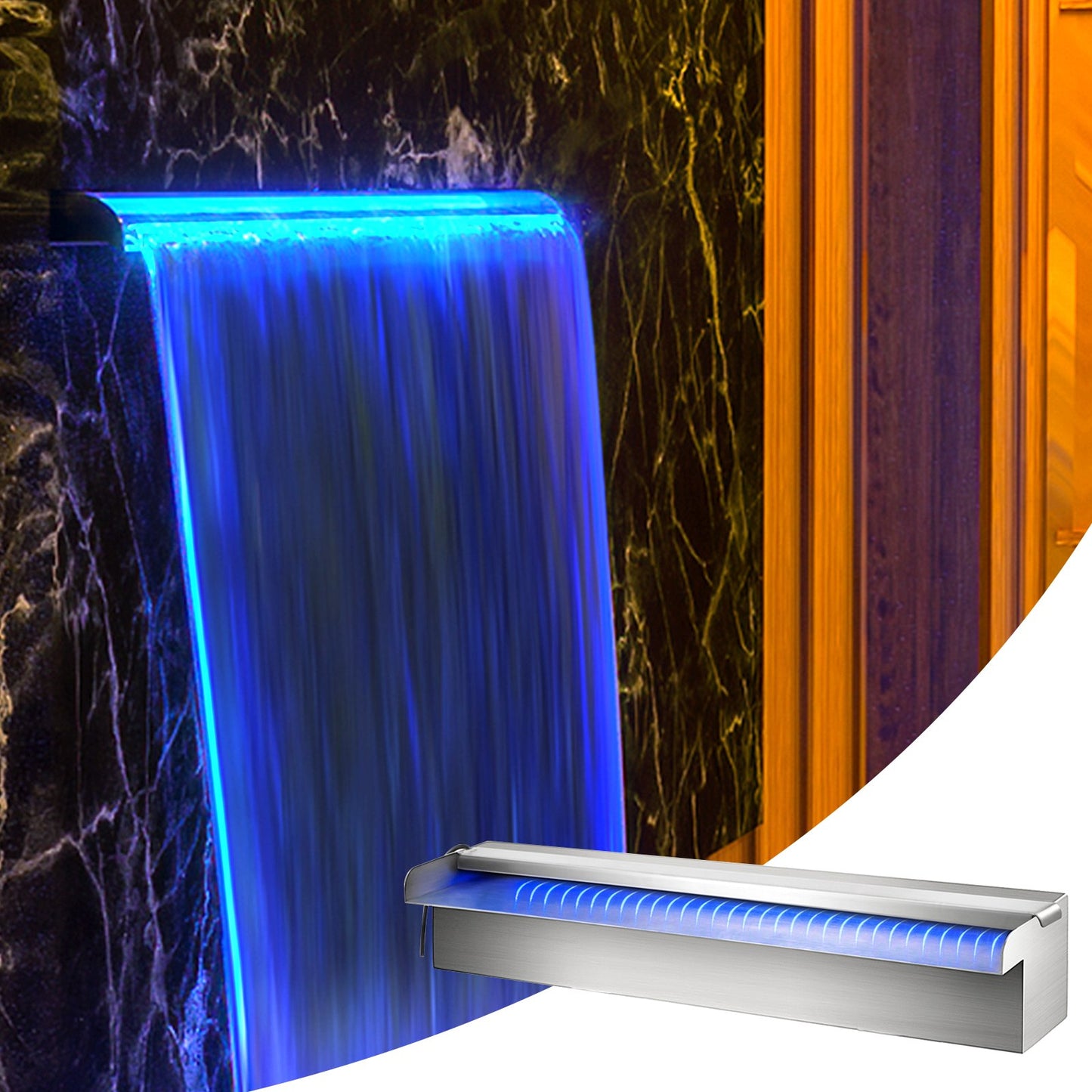 Swimming Pool Waterfall Spillway 30x11.5x8 cm Stainless Steel Swimming Pool Waterfall Fountain with Colorful LED Strip, Hose Connector, Remote Control, Corrosion Resistant for Pond, Outdoor Garden