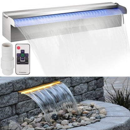 Rechteckiger Poolbrunnen aus Edelstahl (45 x 11,4 x 7,9 cm) mit LED-Lichtleiste und Wasserfallkaskade aus Edelstahl.