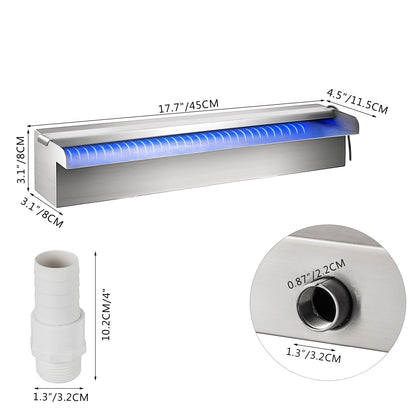 Rechteckiger Poolbrunnen aus Edelstahl (45 x 11,4 x 7,9 cm) mit LED-Lichtleiste und Wasserfallkaskade aus Edelstahl.