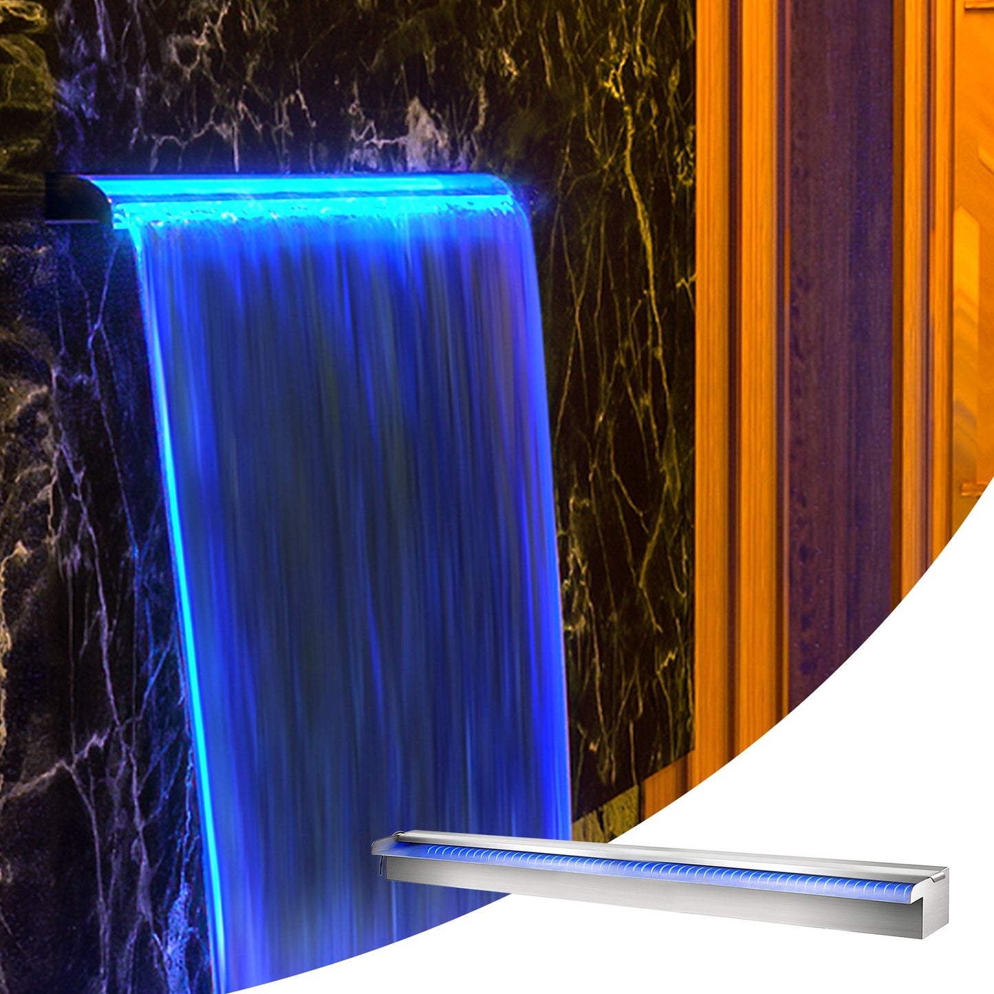 35.4" x 4.5" x 3.1" Stainless Steel Decorative Waterfall Pool Fountain With LED Strip Light For Garden Pond Indoors And Outdoors