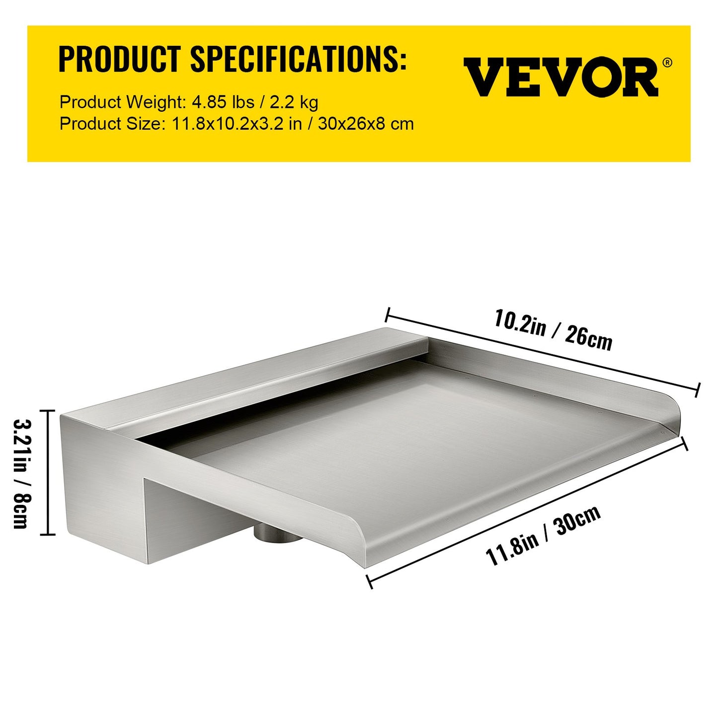 Waterfall Blade, 30cm Stainless Steel Waterfall Spillway, Rectangular Waterfall Pool Fountain, Cascade Blade with Connector, Hose, Clamp & PTFE Tape, Water Blade for Koi Fish Pond, Water Feature