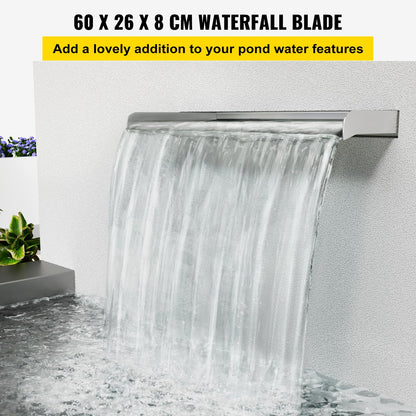 Waterfall Blade, 60cm Stainless Steel Waterfall Spillway, Rectangular Waterfall Pool Fountain, Cascade Blade with Connector, Hose, Clamp & PTFE Tape, Water Blade for Koi Fish Pond, Water Feature