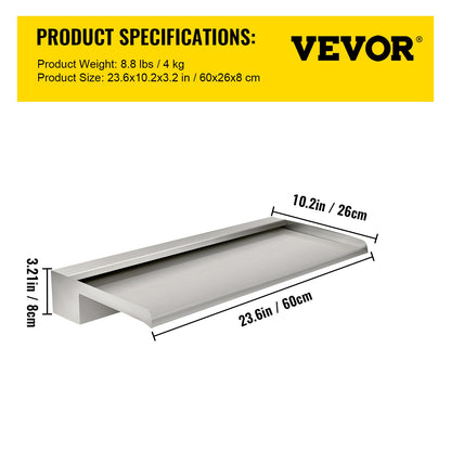 Waterfall Blade, 60cm Stainless Steel Waterfall Spillway, Rectangular Waterfall Pool Fountain, Cascade Blade with Connector, Hose, Clamp & PTFE Tape, Water Blade for Koi Fish Pond, Water Feature