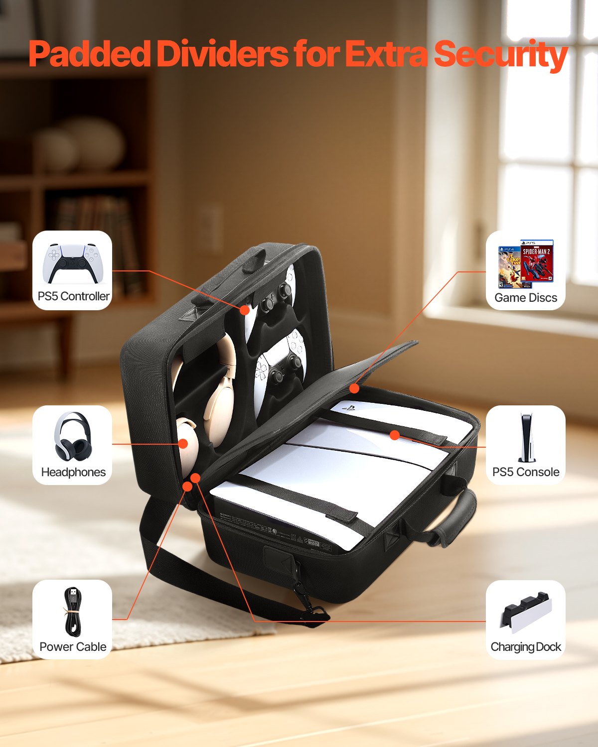PS5 Carrying Case, Travel Bag for Playstation 5 Slim Shockproof EVA, Soft Interior Lining & Padded Dividers for Extra Protection, Spacious Design with Carry Handle for Storage, Home & Party