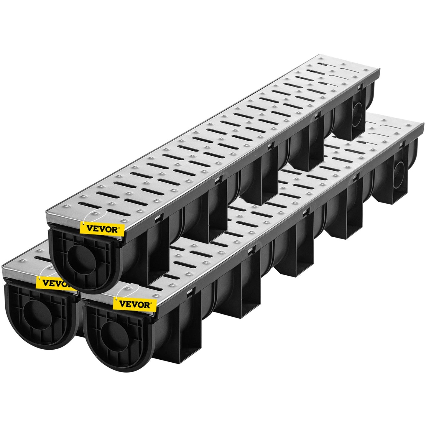 Trench Drain System, Channel Drain with Metal Grate, 150x130 mm HDPE Drainage Trench, Black Plastic Garage Floor Drain, 3x39 Trench Drain Grate, with 3 End Caps, for Garden, Driveway-3 Pack