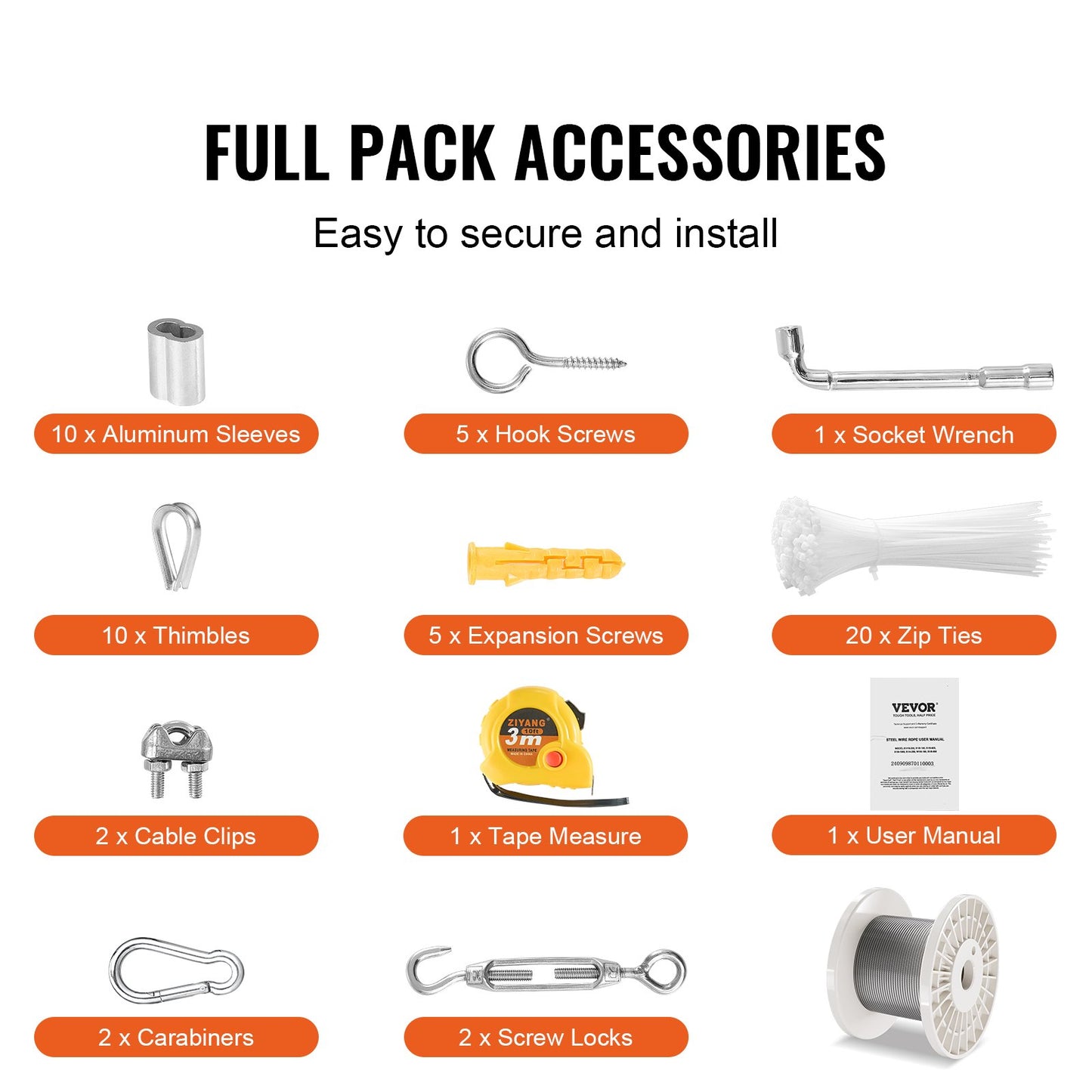 Drahtseil-Set, 1/8" 100 ft 304 Edelstahlseil mit 59 Zubehörteilen, 650 lbs Bruchfestigkeit, 7x7 Litzenkonstruktion, Marine- und Flugzeugqualität für Handläufe, Treppen, Terrassen, Zäune und Außenbereiche