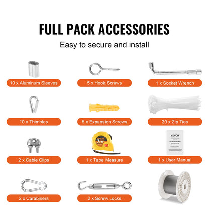 Drahtseil-Set, 1/8" 100 ft 304 Edelstahlseil mit 59 Zubehörteilen, 650 lbs Bruchfestigkeit, 7x7 Litzenkonstruktion, Marine- und Flugzeugqualität für Handläufe, Treppen, Terrassen, Zäune und Außenbereiche