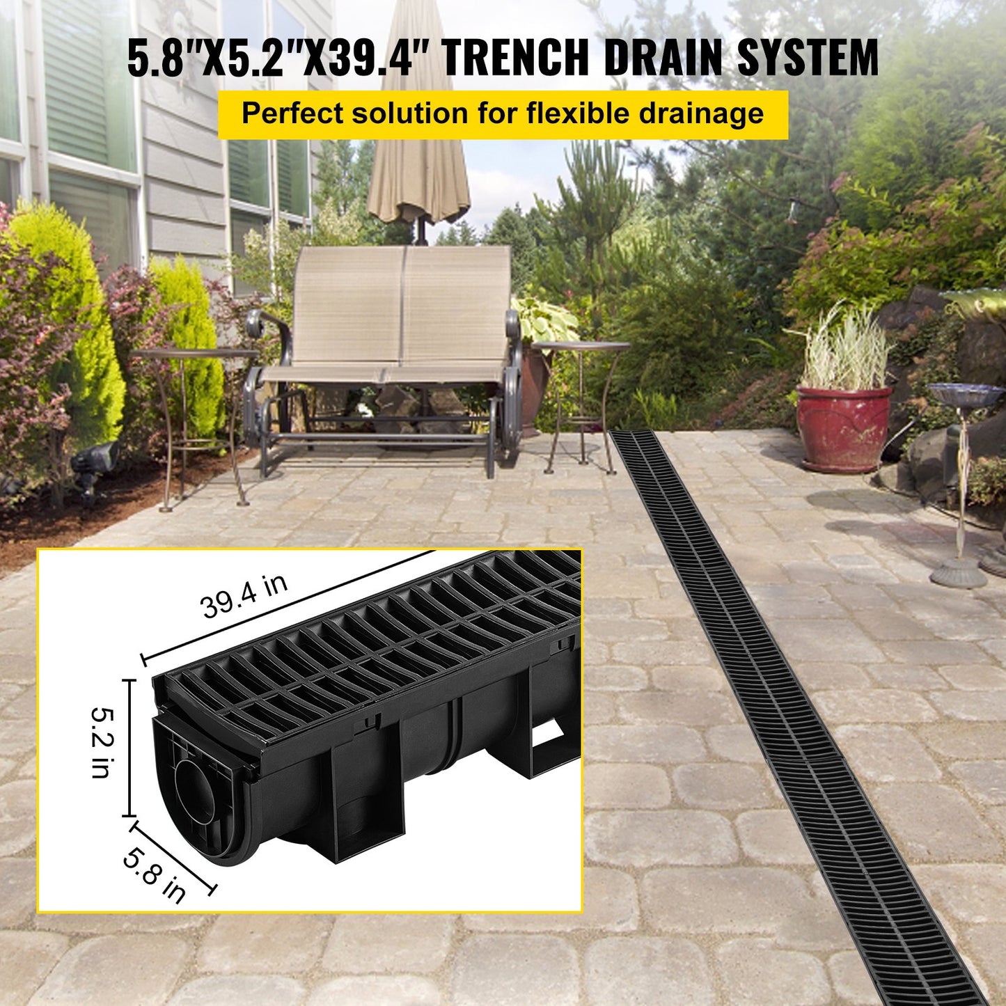 Drainage Trench Driveway Channel Drain Kit Plastic Grate-5.8