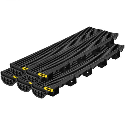 Trench Drain System, Channel Drain with Plastic Grate, 14.5 x 8cm HDPE Drainage Trench, Black Plastic Garage Floor Drain, 5x39 Trench Drain Grate, with 5 End Caps, for Garden, Driveway-5 Pack