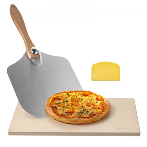 Pizzastein, 508 x 355 mm rechteckiger Cordierit-Pizzastein, extra großer Backstein mit Aluminium-Schieber, 15 mm dickes, hitzebeständiges Cordierit, für Backofen, Brot- und Pizzabacken, Grillen