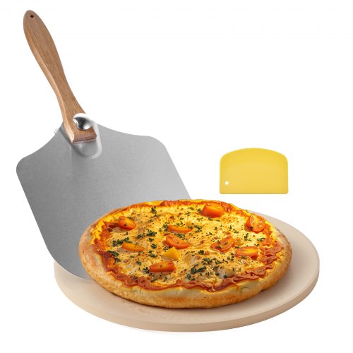 Pizzastein, runder Cordierit-Pizzastein (381 mm Durchmesser), extra großer Backstein mit Aluminium-Schieber, 17 mm dick, hitzebeständig, für Backofen, Pizzabacken und Grillen