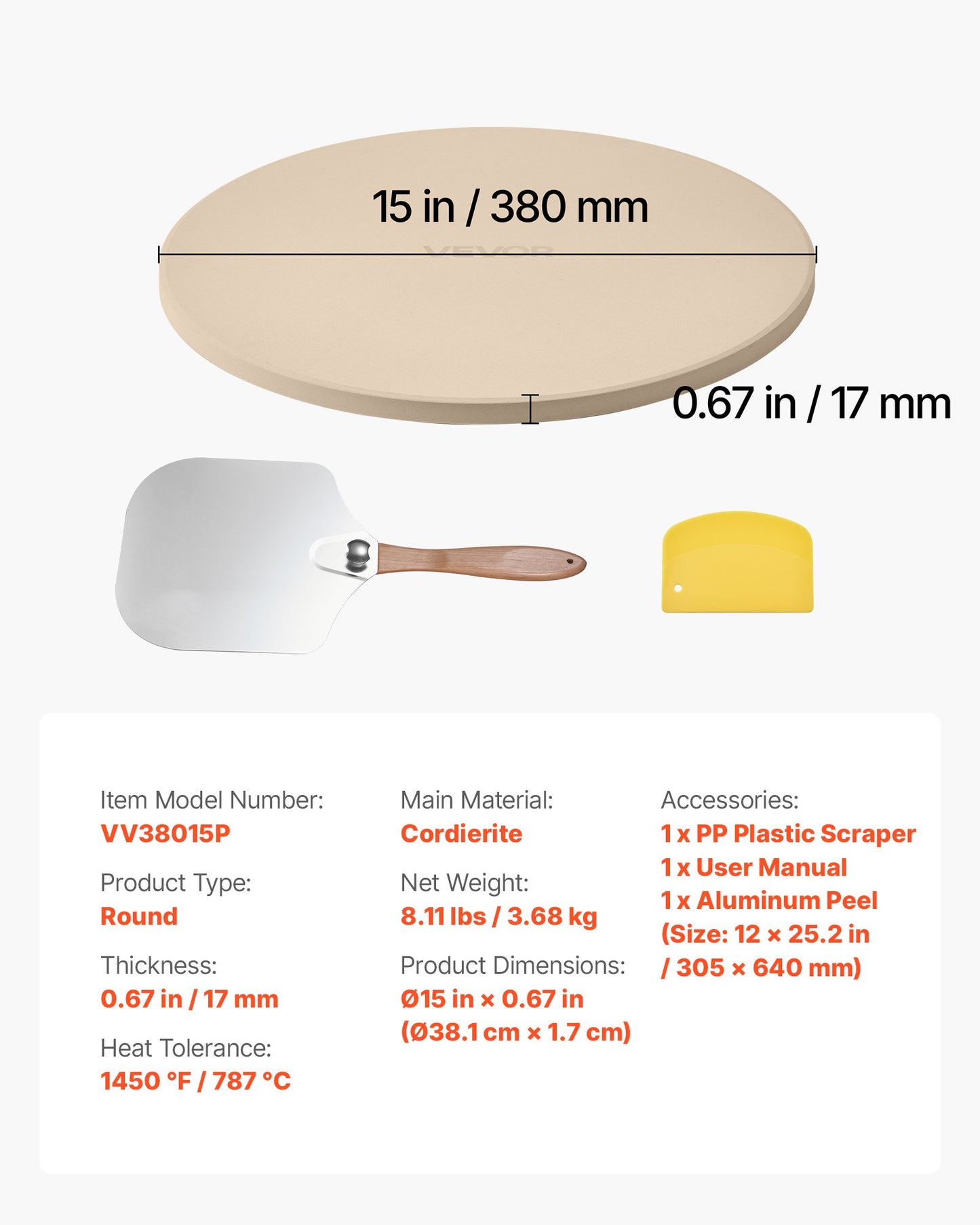 Pizzastein, runder Cordierit-Pizzastein (381 mm Durchmesser), extra großer Backstein mit Aluminium-Schieber, 17 mm dick, hitzebeständig, für Backofen, Pizzabacken und Grillen