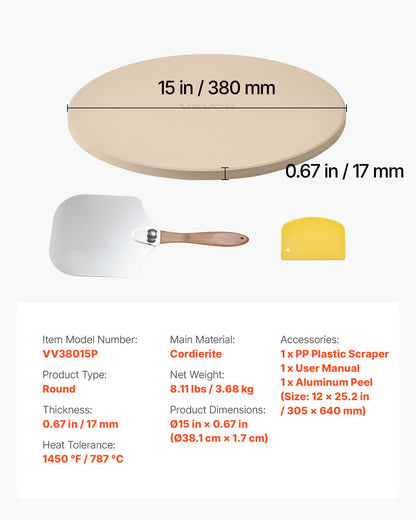 Pizzastein, runder Cordierit-Pizzastein (381 mm Durchmesser), extra großer Backstein mit Aluminium-Schieber, 17 mm dick, hitzebeständig, für Backofen, Pizzabacken und Grillen