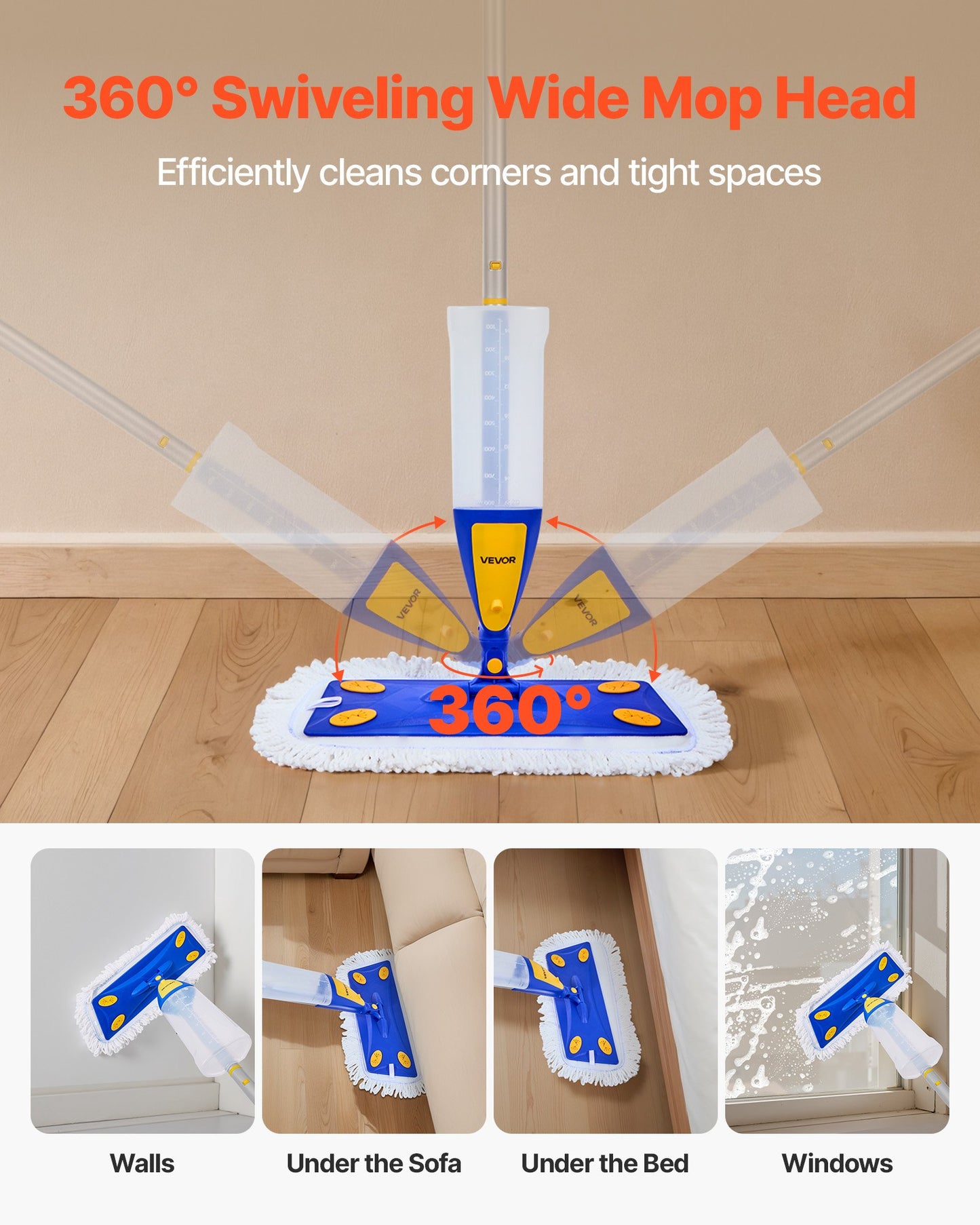 Spray Mop, with 3 Washable Pads for Dry and Wet Floor Cleaning & an 800ml Refillable Water Tank, Microfiber Dust Wet Mop & Twisted Cotton Dry Mop, Commercial Home Use for Tiles/Vinyl/Wood Floor