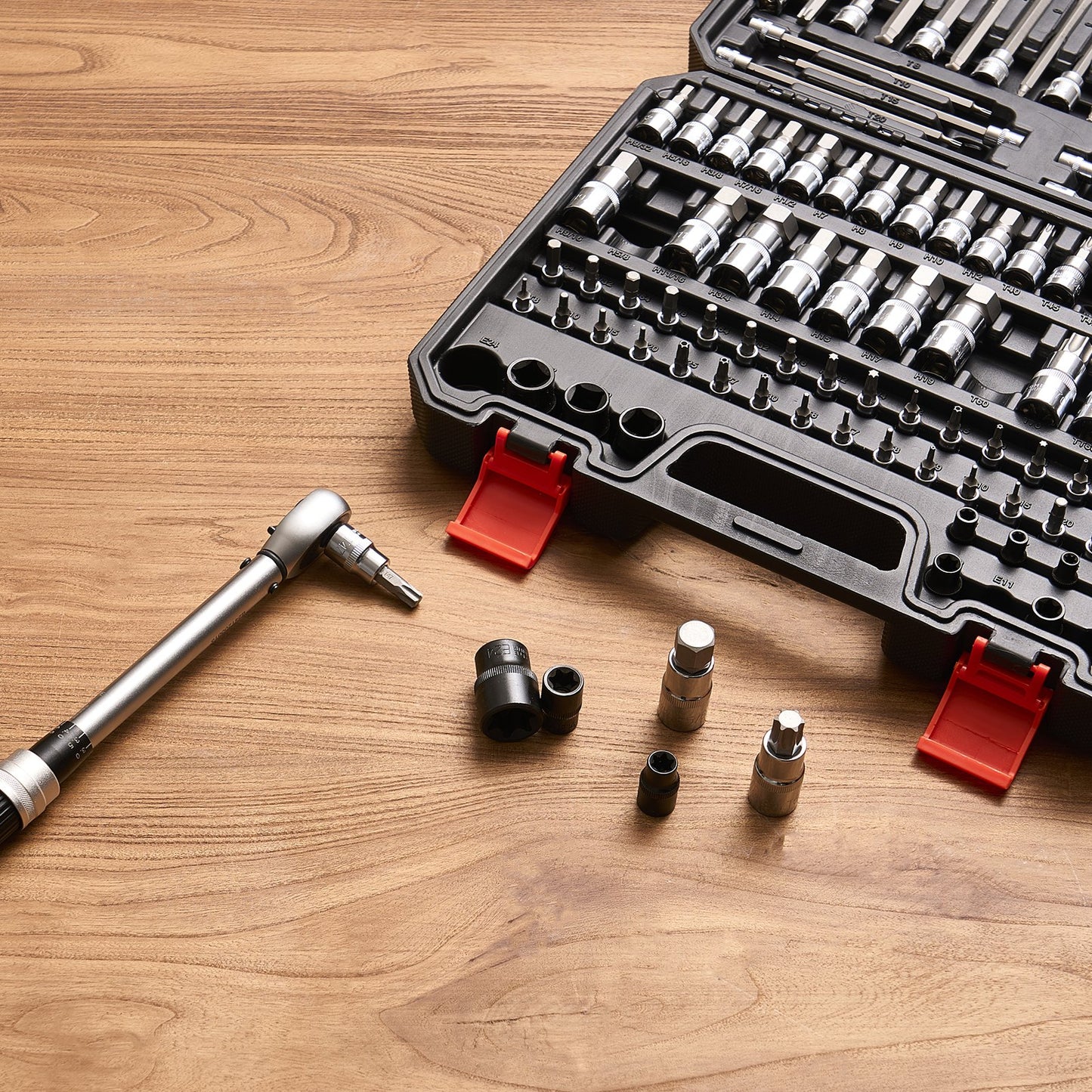 Bit Socket Set, 107-Piece SAE and Metric, Hex/Torx/External Torx/Tamper-Proof/Extra Long, S2 Alloy Steel and Cr-V Steel, 1/4 in, 3/8 in, and 1/2 in Drives, with Enhanced Storage Case, Hand Use