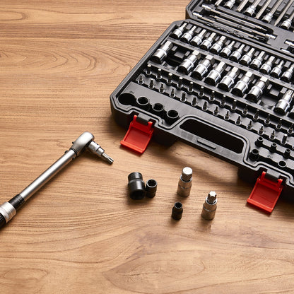 Bit Socket Set, 107-Piece SAE and Metric, Hex/Torx/External Torx/Tamper-Proof/Extra Long, S2 Alloy Steel and Cr-V Steel, 1/4 in, 3/8 in, and 1/2 in Drives, with Enhanced Storage Case, Hand Use