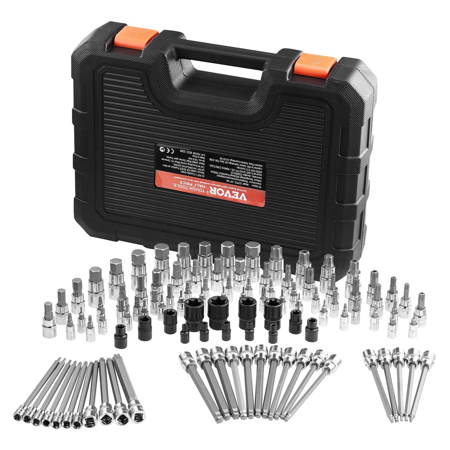 Bit Socket Set, 107-Piece SAE and Metric, Hex/Torx/External Torx/Tamper-Proof/Extra Long, S2 Alloy Steel and Cr-V Steel, 1/4 in, 3/8 in, and 1/2 in Drives, with Enhanced Storage Case, Hand Use