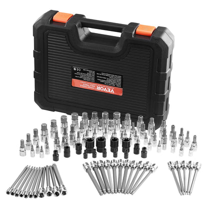 Bit Socket Set, 107-Piece SAE and Metric, Hex/Torx/External Torx/Tamper-Proof/Extra Long, S2 Alloy Steel and Cr-V Steel, 1/4 in, 3/8 in, and 1/2 in Drives, with Enhanced Storage Case, Hand Use