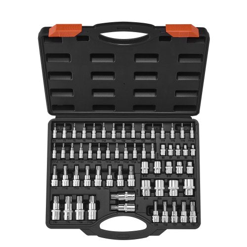 Torx-Bit-Steckschlüssel- und Außentorx-Steckschlüsselsatz, 60-teilig, T6-T70, TT6-TT70, TP8-TP60, E4-E24, S2-Legierungsstahl und Chrom-Vanadium-Stahl, 1/4-Zoll-, 3/8-Zoll- und 1/2-Zoll-Antrieb, mit verbessertem Aufbewahrungskoffer, für die Hand.