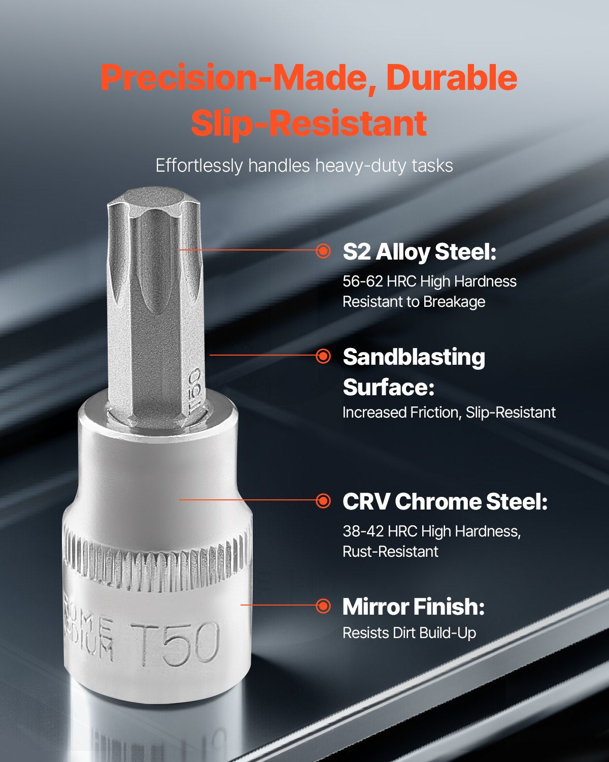 Torx Bit Socket and External Torx Socket Set, 60-Piece T6-T70, TT6-TT70, TP8-TP60, E4-E24, S2 Alloy Steel and Cr-V Steel, 1/4 in, 3/8 in, and 1/2 in Drives, with Enhanced Storage Case, Hand Use