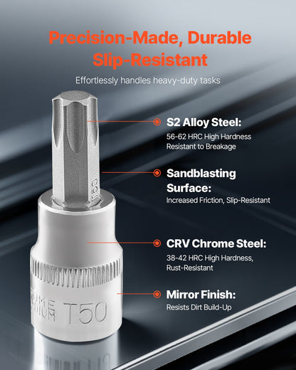 Torx Bit Socket and External Torx Socket Set, 60-Piece T6-T70, TT6-TT70, TP8-TP60, E4-E24, S2 Alloy Steel and Cr-V Steel, 1/4 in, 3/8 in, and 1/2 in Drives, with Enhanced Storage Case, Hand Use