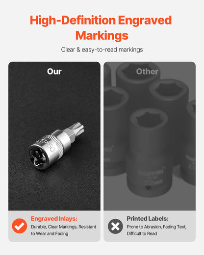 Torx Bit Socket and External Torx Socket Set, 60-Piece T6-T70, TT6-TT70, TP8-TP60, E4-E24, S2 Alloy Steel and Cr-V Steel, 1/4 in, 3/8 in, and 1/2 in Drives, with Enhanced Storage Case, Hand Use