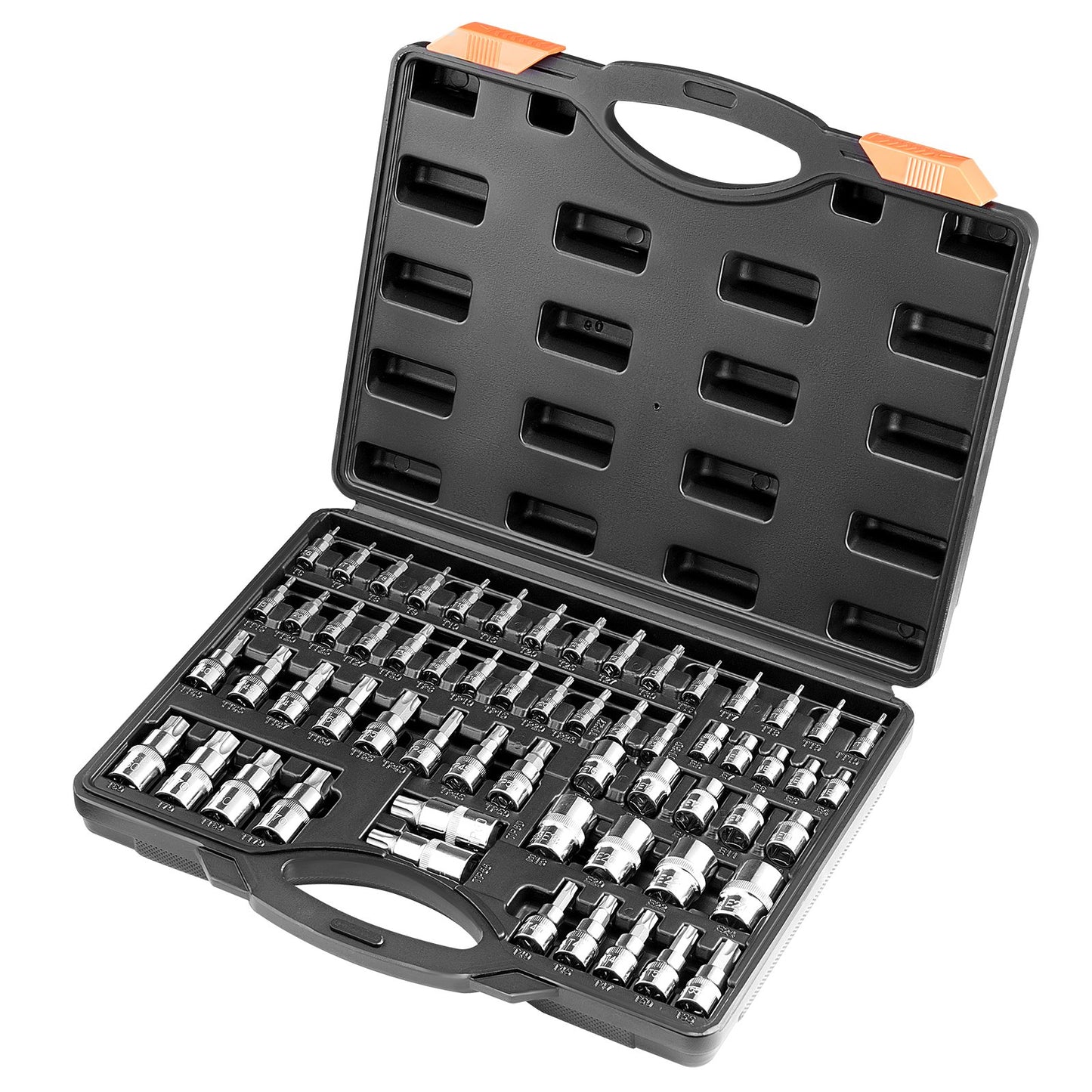 Torx Bit Socket and External Torx Socket Set, 60-Piece T6-T70, TT6-TT70, TP8-TP60, E4-E24, S2 Alloy Steel and Cr-V Steel, 1/4 in, 3/8 in, and 1/2 in Drives, with Enhanced Storage Case, Hand Use