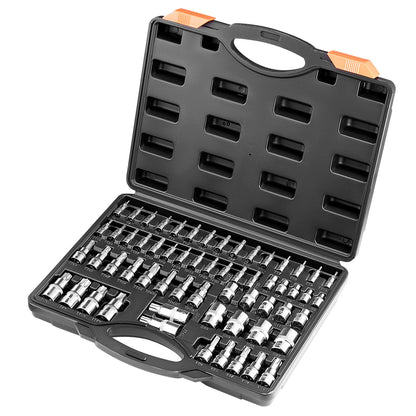 Torx Bit Socket and External Torx Socket Set, 60-Piece T6-T70, TT6-TT70, TP8-TP60, E4-E24, S2 Alloy Steel and Cr-V Steel, 1/4 in, 3/8 in, and 1/2 in Drives, with Enhanced Storage Case, Hand Use