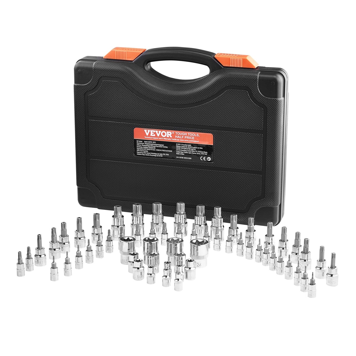 Torx Bit Socket and External Torx Socket Set, 60-Piece T6-T70, TT6-TT70, TP8-TP60, E4-E24, S2 Alloy Steel and Cr-V Steel, 1/4 in, 3/8 in, and 1/2 in Drives, with Enhanced Storage Case, Hand Use