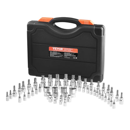 Torx Bit Socket and External Torx Socket Set, 60-Piece T6-T70, TT6-TT70, TP8-TP60, E4-E24, S2 Alloy Steel and Cr-V Steel, 1/4 in, 3/8 in, and 1/2 in Drives, with Enhanced Storage Case, Hand Use