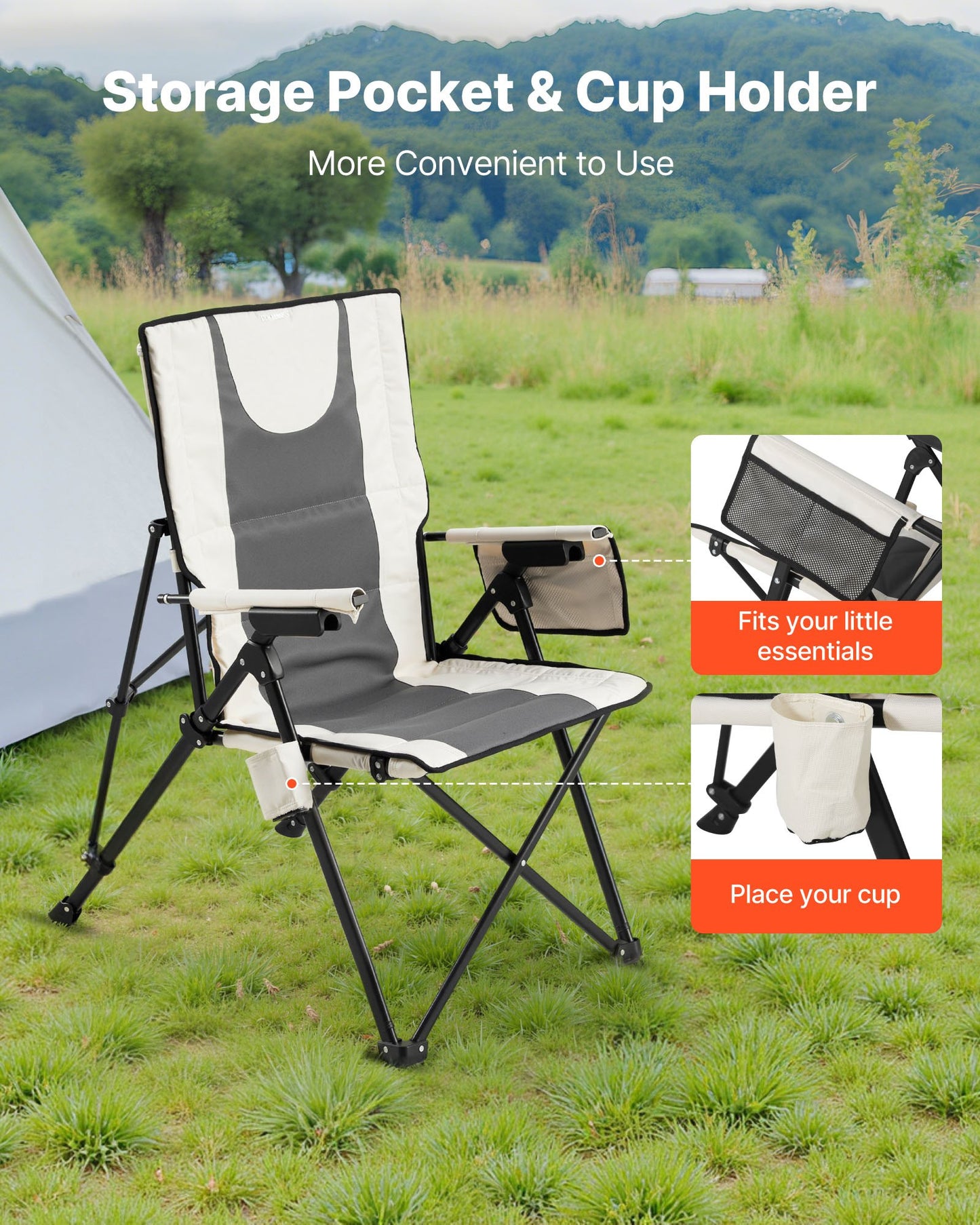 Folding Camping Chair, 3 Reclining Positions, Outdoor High Back Camping Chair, 260lbs Weight Capacity, Full Padded Beach Chairs with Armrest & Headrest, Portable Lawn Chairs for Sports Travel