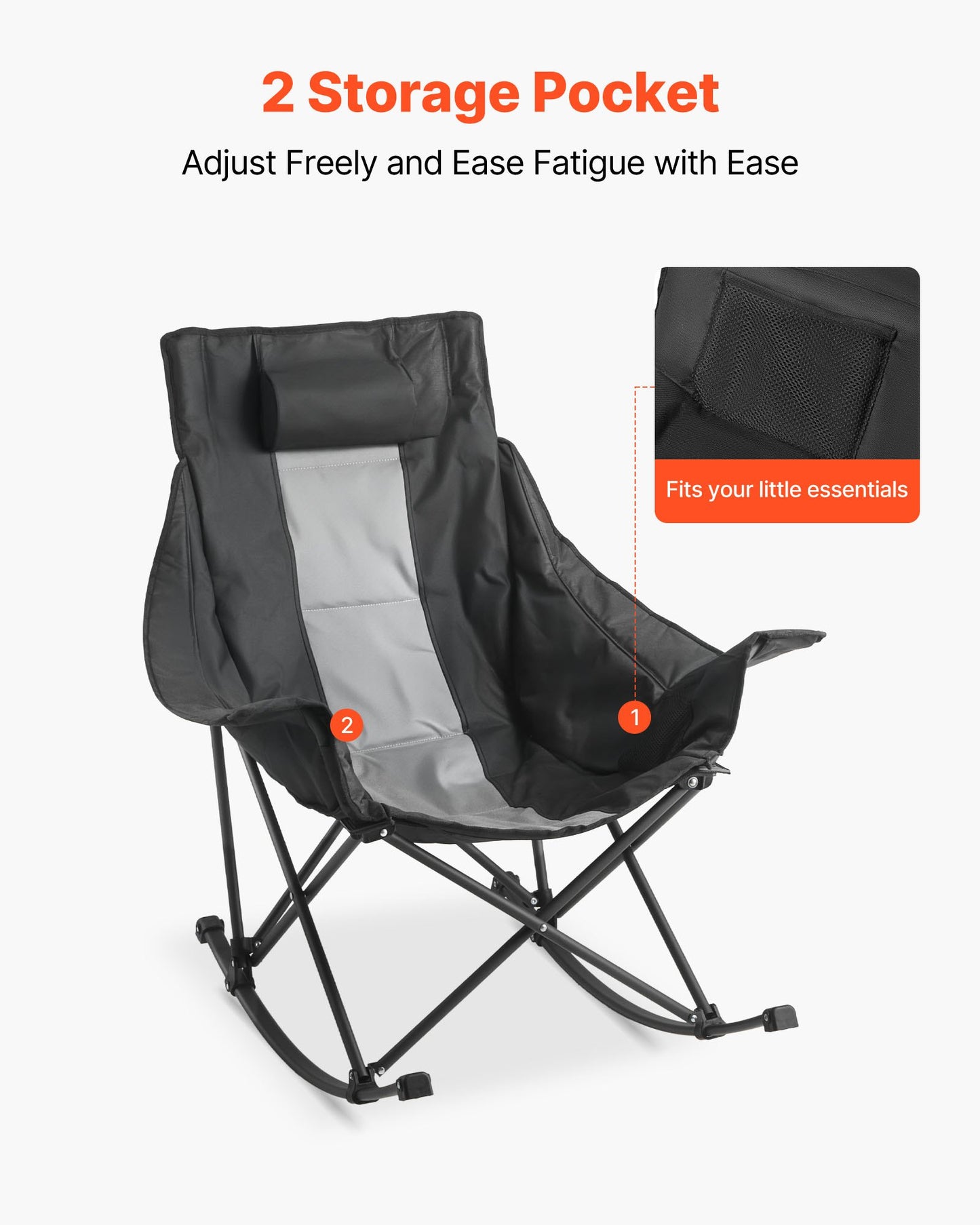 Rocking Camping Chair, Portable Folding Rocker, Heavy-Duty Lawn Chair Recliner with Cupholder & Pocket, Supports 225lbs, Fully Padded Camp Chairs for Outdoor Patio Backyard Porch Garden