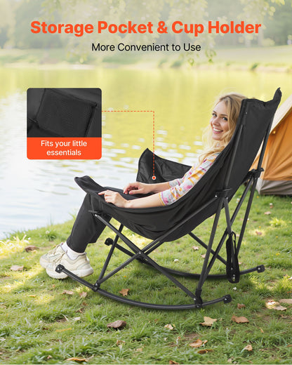 Rocking Camping Chair, Portable Folding Rocker, Heavy-Duty Lawn Chair Recliner with Cupholder & Pocket, Supports 225lbs, Fully Padded Camp Chairs for Outdoor Patio Backyard Porch Garden