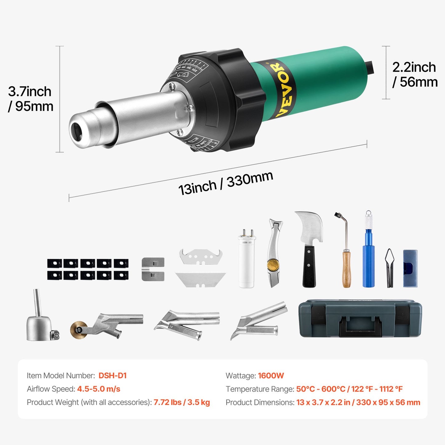 Hot Air Plastic Welder, 1600W Hot Air Torch Pistol, 122-1112℉ PVC TPO Vinyl Heat Gun Welding Torch, Plastic Roofing Welding Kit with 14 Accessories- Toolbox, Nozzle, Roller, Blades for PP/PE/PVC