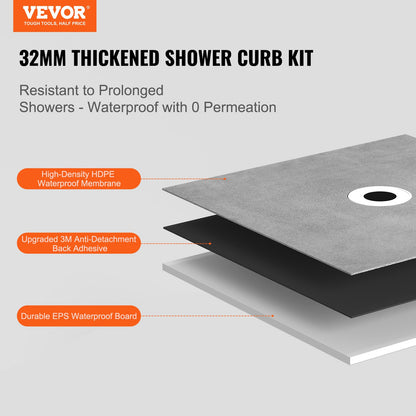 Shower Curb Kit, 1828x1828mm Shower Pan Kit with 50.8mm PVC Central Flange, 101.6mm Stainless Steel Grate, Waterproof Shower Curb & Membrane & Strip, Shower Pan Slope Sticks Fit for Bathroom