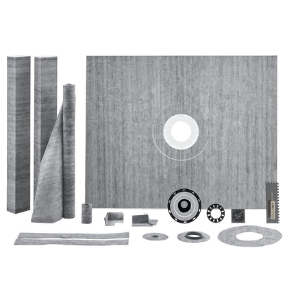 Shower Curb Kit, 1219x1524mm Shower Pan Kit with 50.8mm PVC Central Flange, Waterproof Membrane, Stainless Steel Grate and Joint Sealant, Shower Pan Slope Sticks Fit for Bathroom