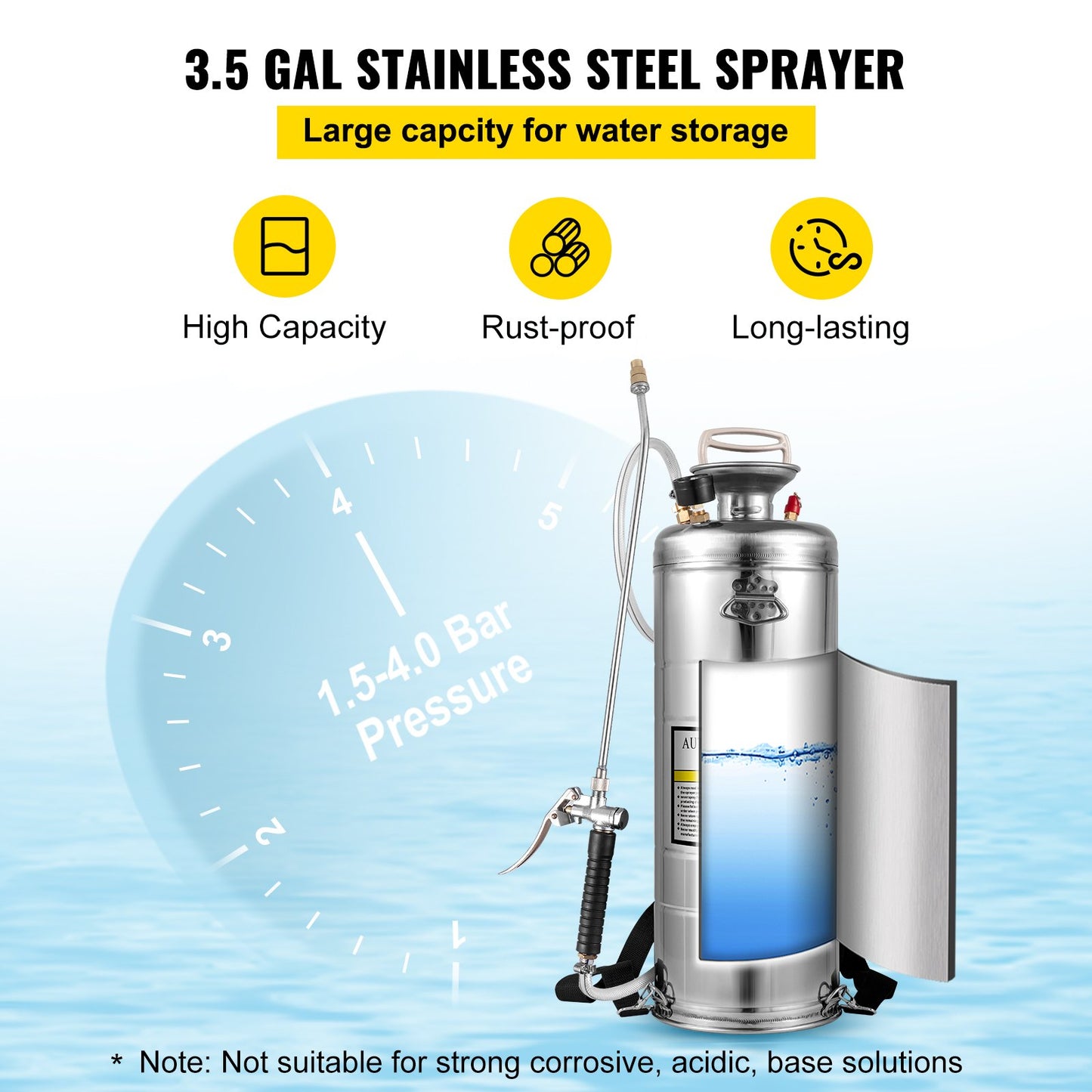 Stainless Steel Sprayer 12L Household Gardening and Floor Cleaning Sprayer, Suitable for the Current Neds of Industry, Agriculture, Commerce, Medicine and Other Industries