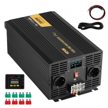 Pure Sine Wave Inverter, 3000 Watt, DC 24V to AC 230V Power Inverter Car Inverter, with USB Port LCD Display Remote Controller and EU Outlets, for RV Truck Car Solar System Travel Camping