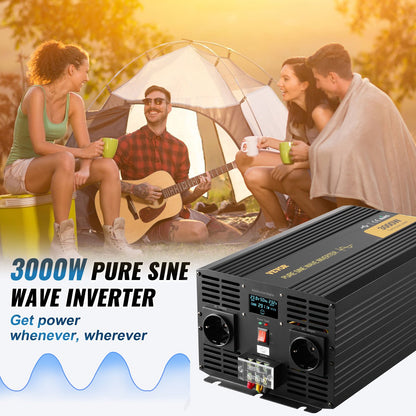 Pure Sine Wave Inverter, 3000 Watt, DC 24V to AC 230V Power Inverter Car Inverter, with USB Port LCD Display Remote Controller and EU Outlets, for RV Truck Car Solar System Travel Camping
