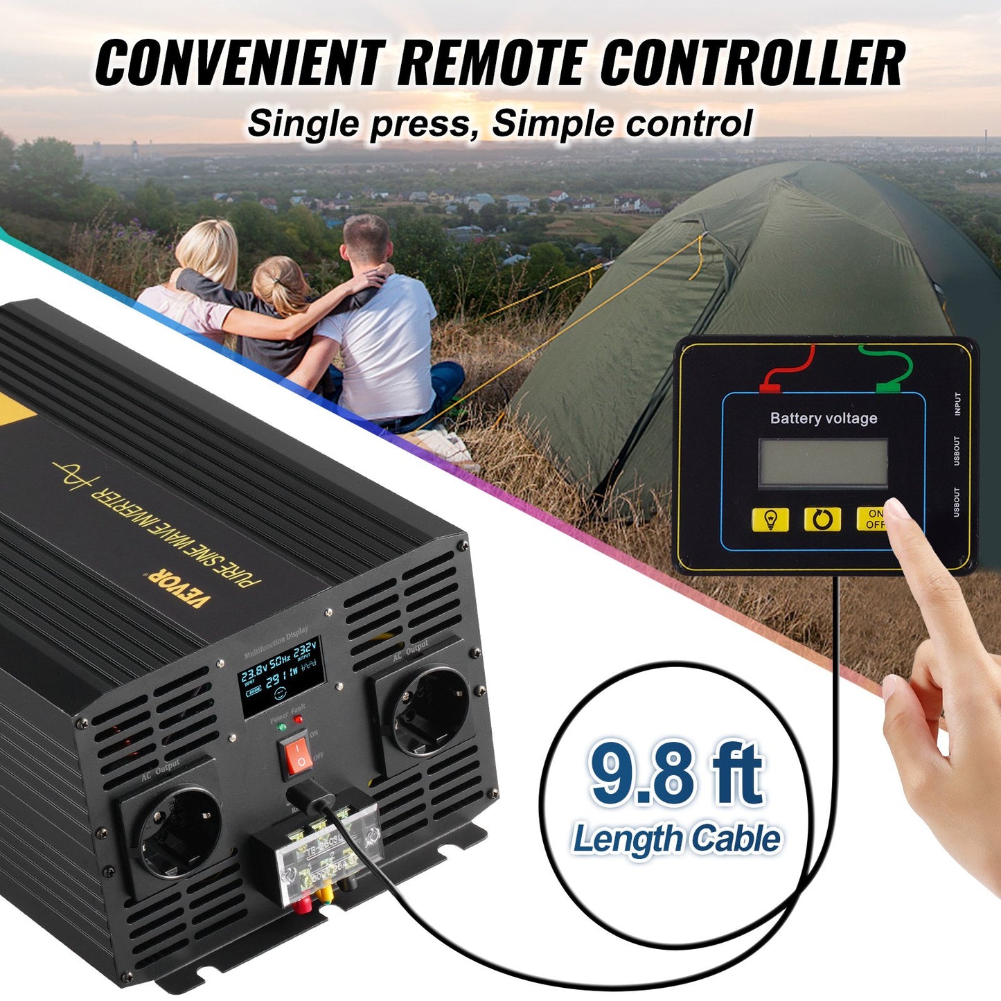 Pure Sine Wave Inverter, 3000 Watt, DC 24V to AC 230V Power Inverter Car Inverter, with USB Port LCD Display Remote Controller and EU Outlets, for RV Truck Car Solar System Travel Camping